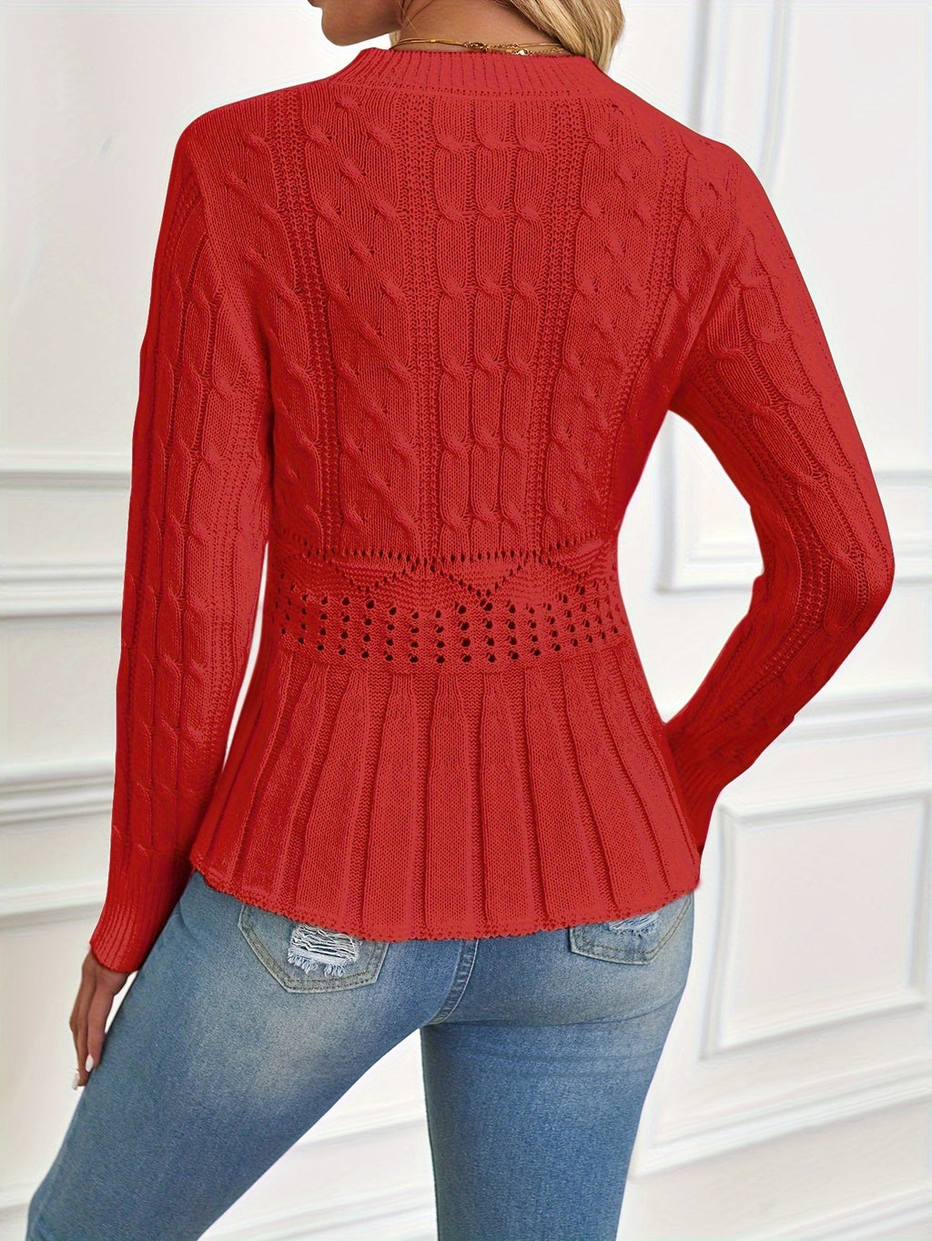 Manon Cable Knit Pointelle Peplum Sweater - view 3