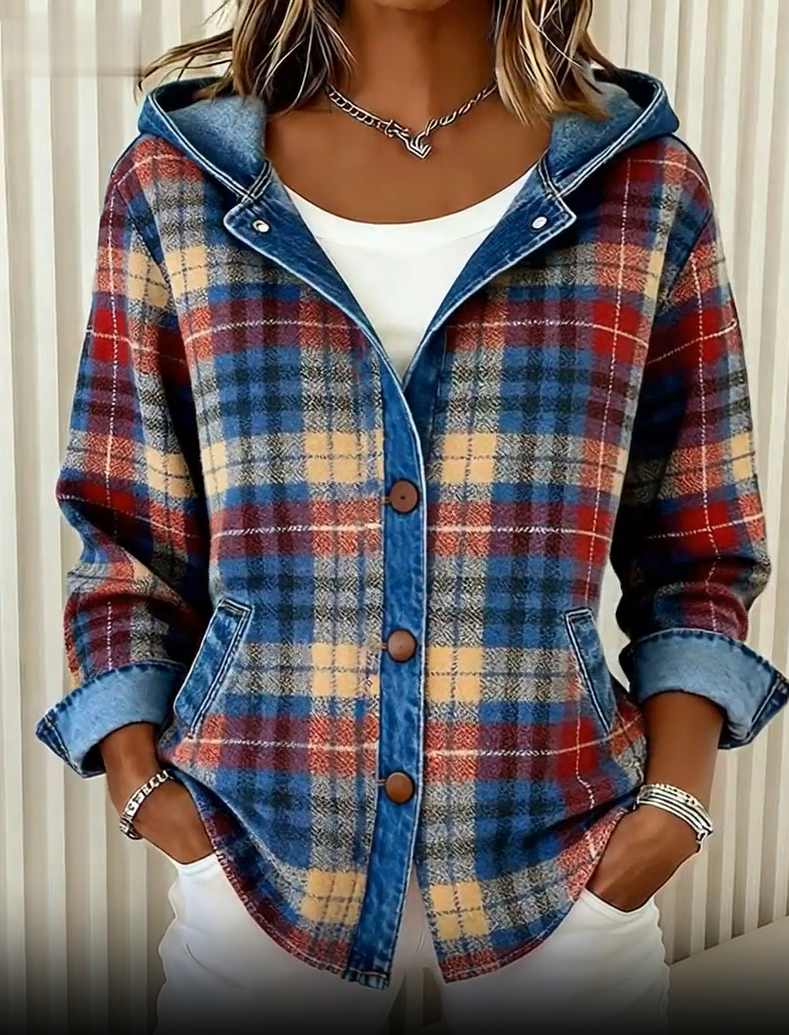 Nadrina | Hooded Denim Jacket with Check Panel Contrast for Women