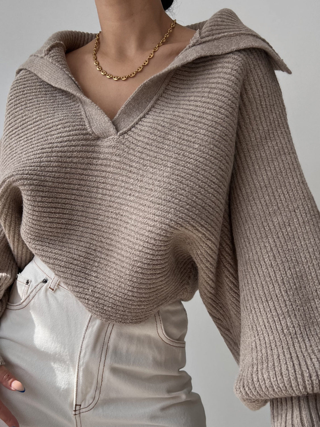 Jane | Ribbed Polo Sweater with Split Collar and Wide Cuffs for Women