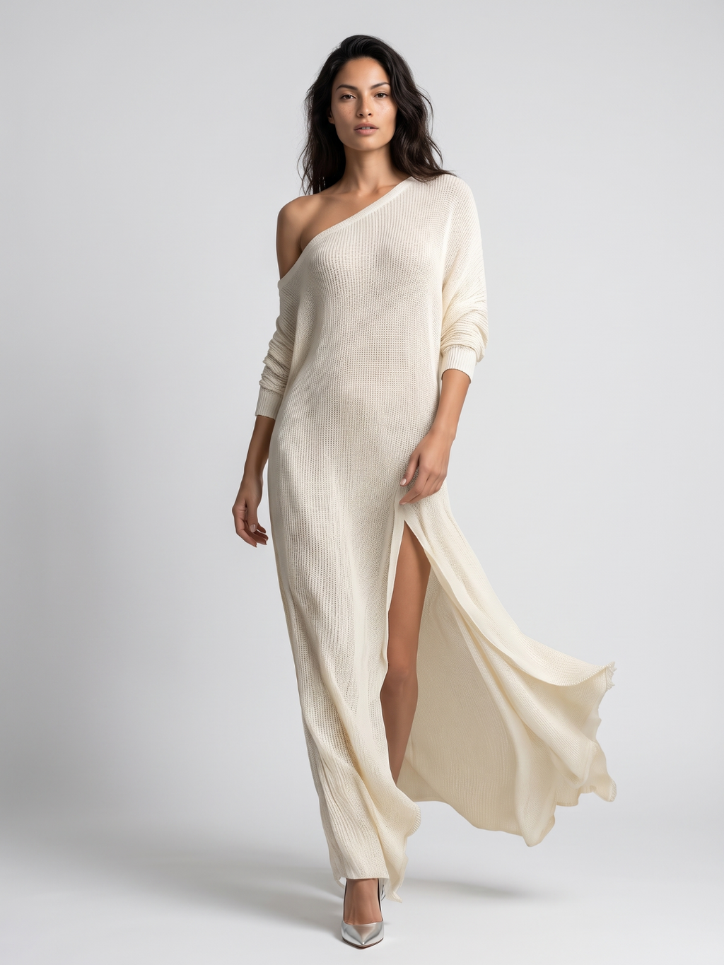 Beatrix One-Shoulder Textured Long Sleeve Maxi Dress - front view