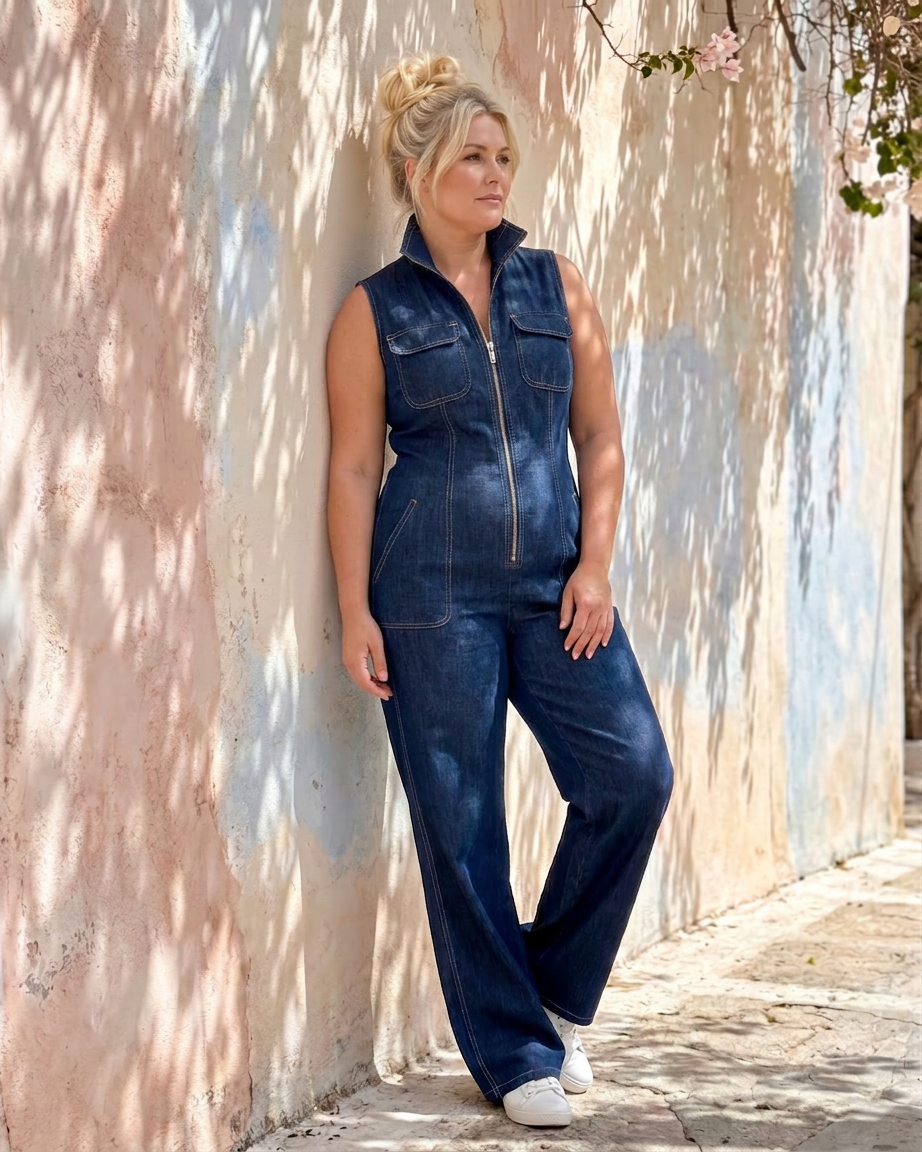 Freya | Zip Front Sleeveless Denim Wide Leg Jumpsuit