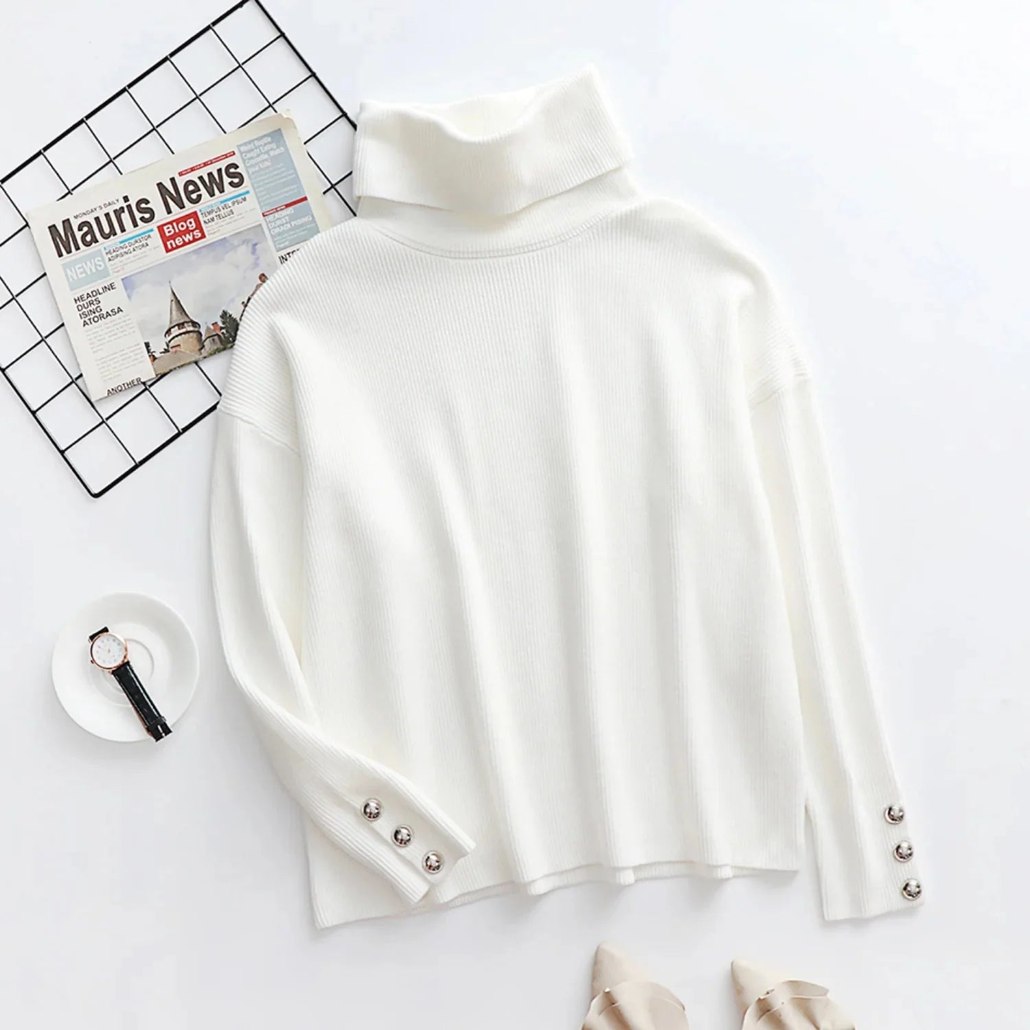 Josefine Ribbed Turtleneck Button Cuff Sweater - view 7