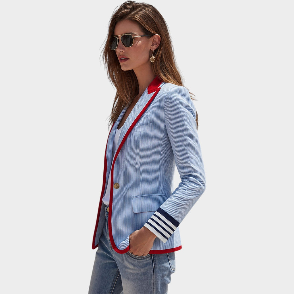 Women’s Blazer Casual Pinstripe Contrast Trim Tailored Fit