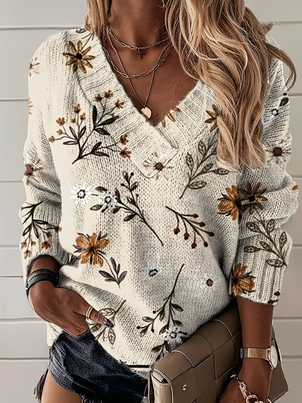 Zelie Botanical Print Ribbed V Neck Sweater - front view