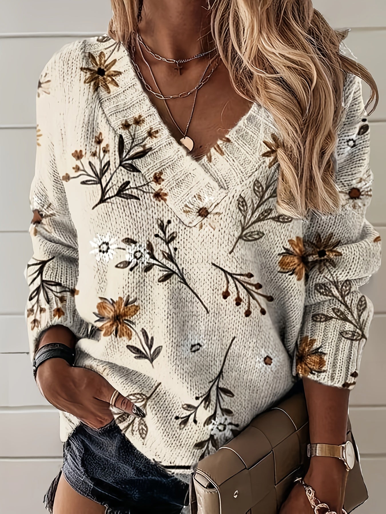 Zelie Botanical Print Ribbed V Neck Sweater - front view