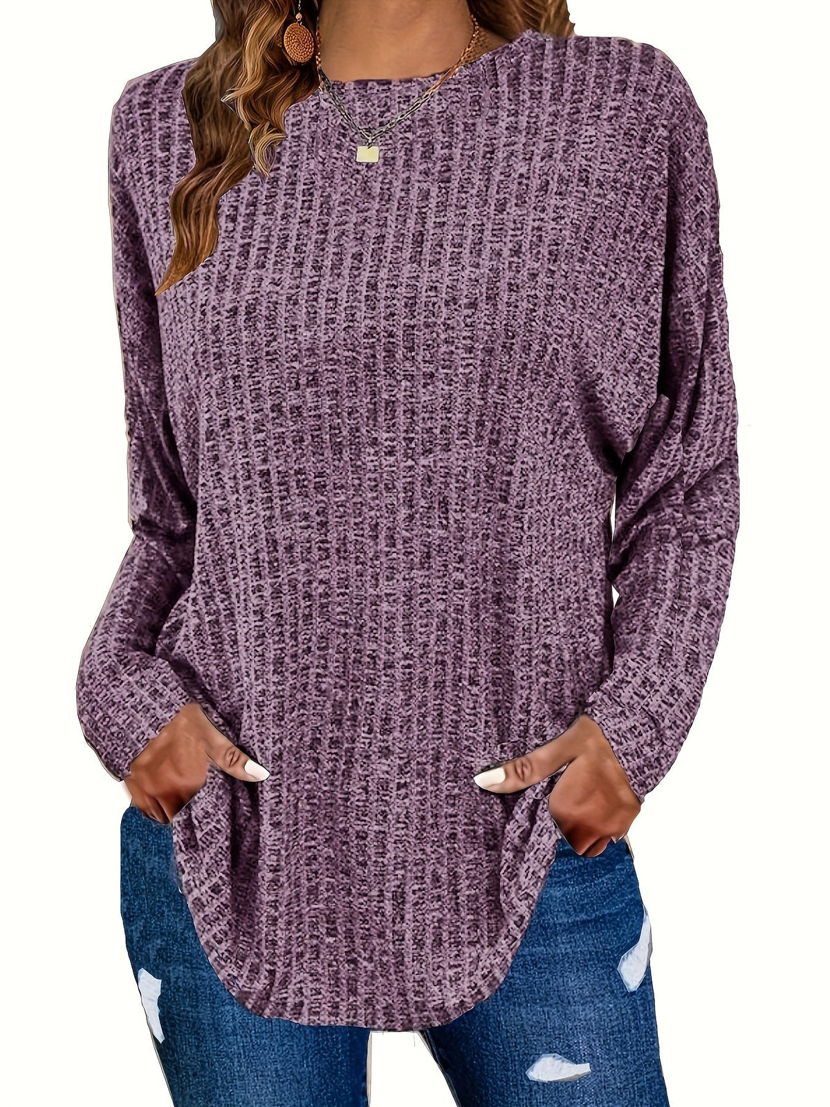 Paloma | Waffle Knit Tunic Sweater with Curved Hem for Women