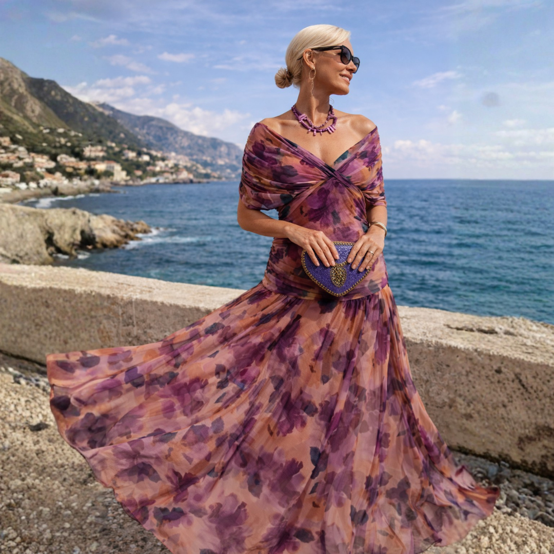 Women's Gathered V-Neck Midi Dress with Flutter Sleeves