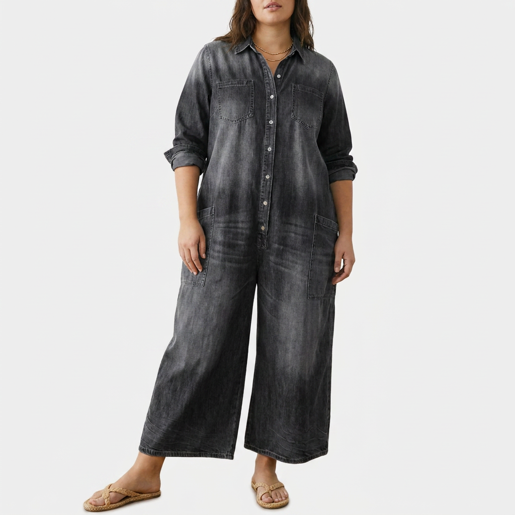 Pearl | Vintage Washed Soft Cotton Denim Jumpsuit with Button Closure