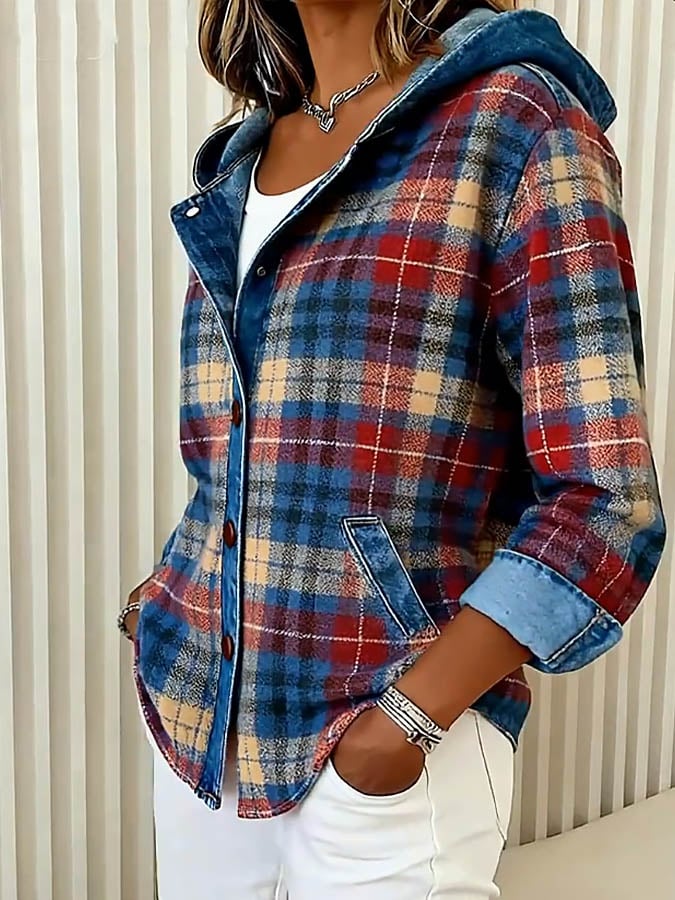 Nadrina | Hooded Denim Jacket with Check Panel Contrast for Women