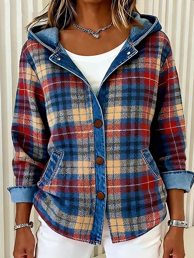 Nadrina | Hooded Denim Jacket with Check Panel Contrast for Women
