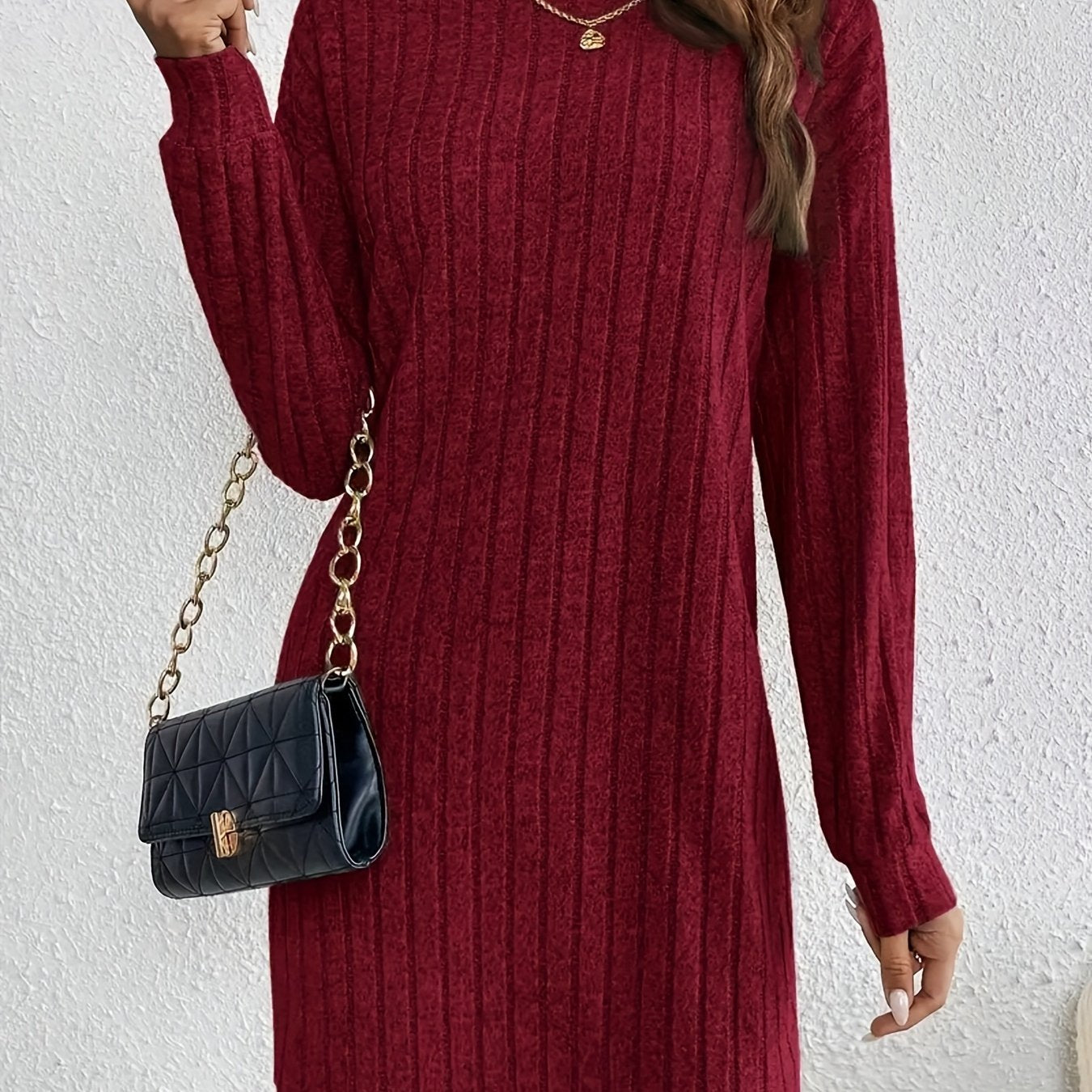 Violet Ribbed Turtleneck Long Sleeve Sweater Dress - view 5