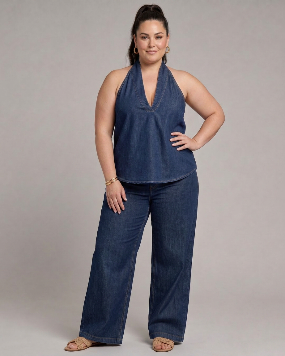Opaline | Halter Neck Denim Top And Wide Leg Pants Set