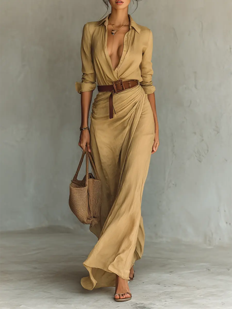 Una Belted Lapel Maxi Dress - front view
