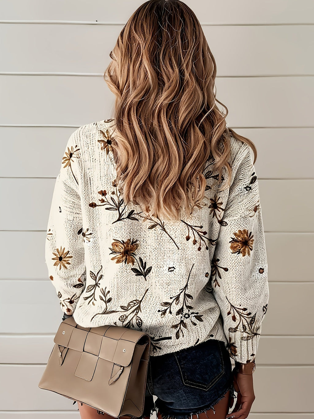 Zelie Botanical Print Ribbed V Neck Sweater - view 3