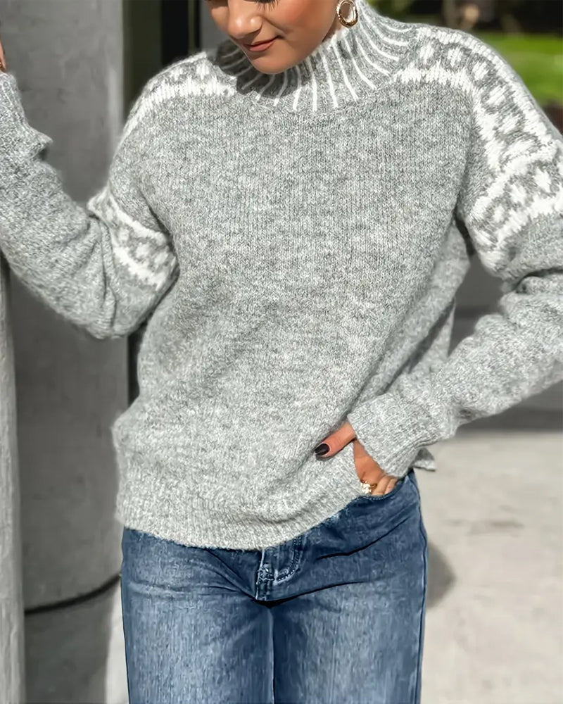 Women's Nordic Pattern Jumper with High Collar