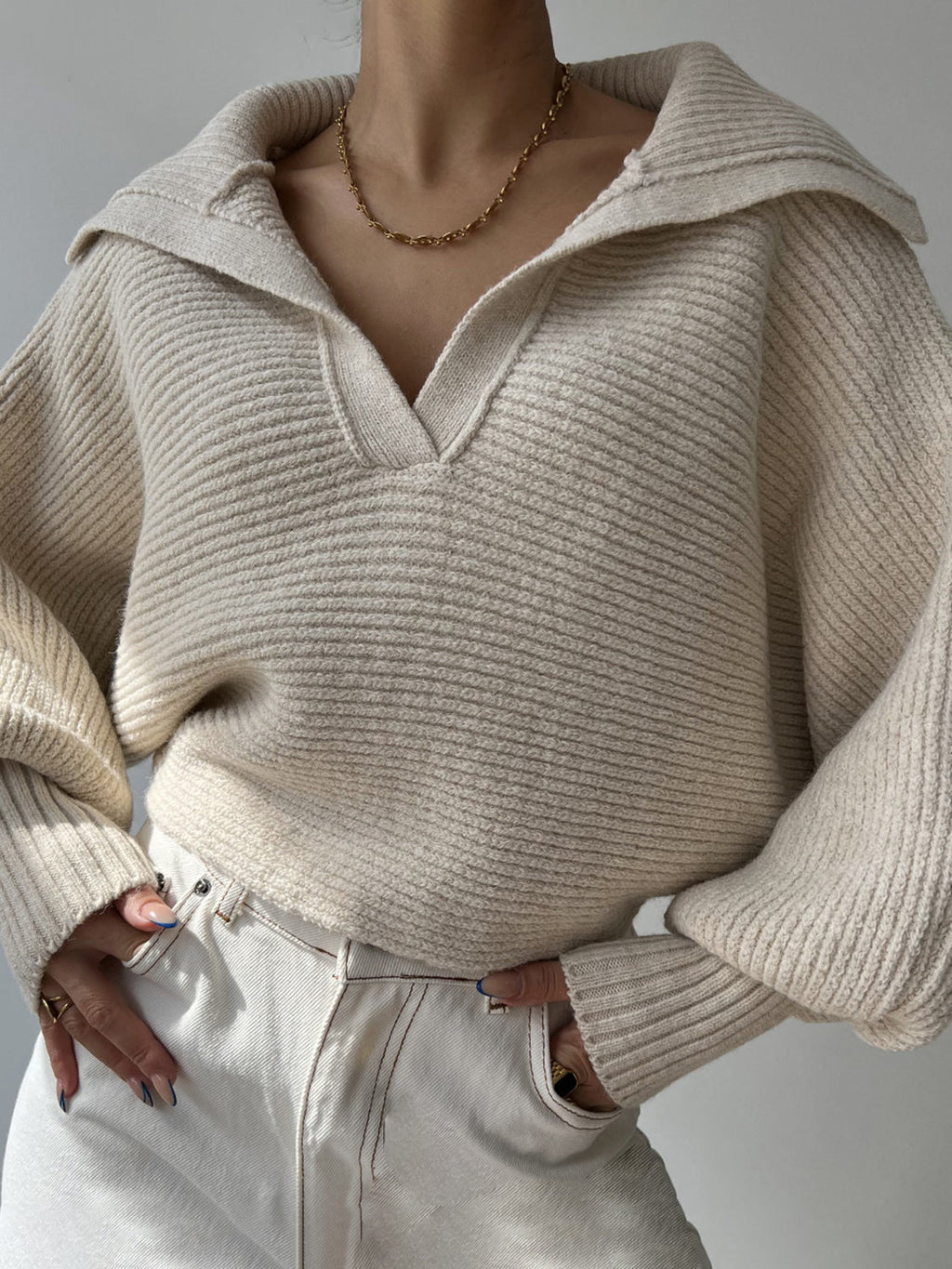 Jane | Ribbed Polo Sweater with Split Collar and Wide Cuffs for Women