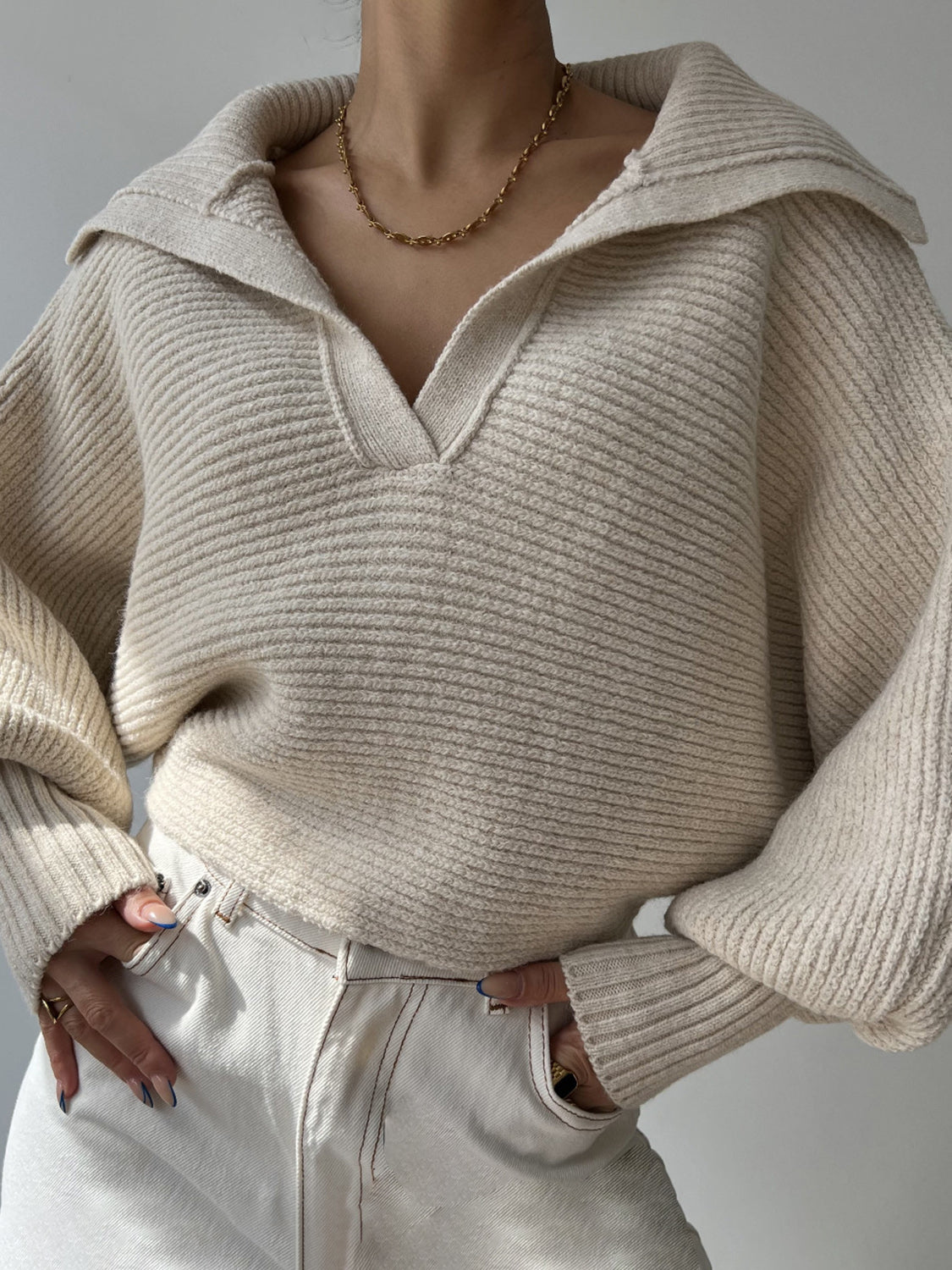 Jane | Ribbed Polo Sweater with Split Collar and Wide Cuffs for Women