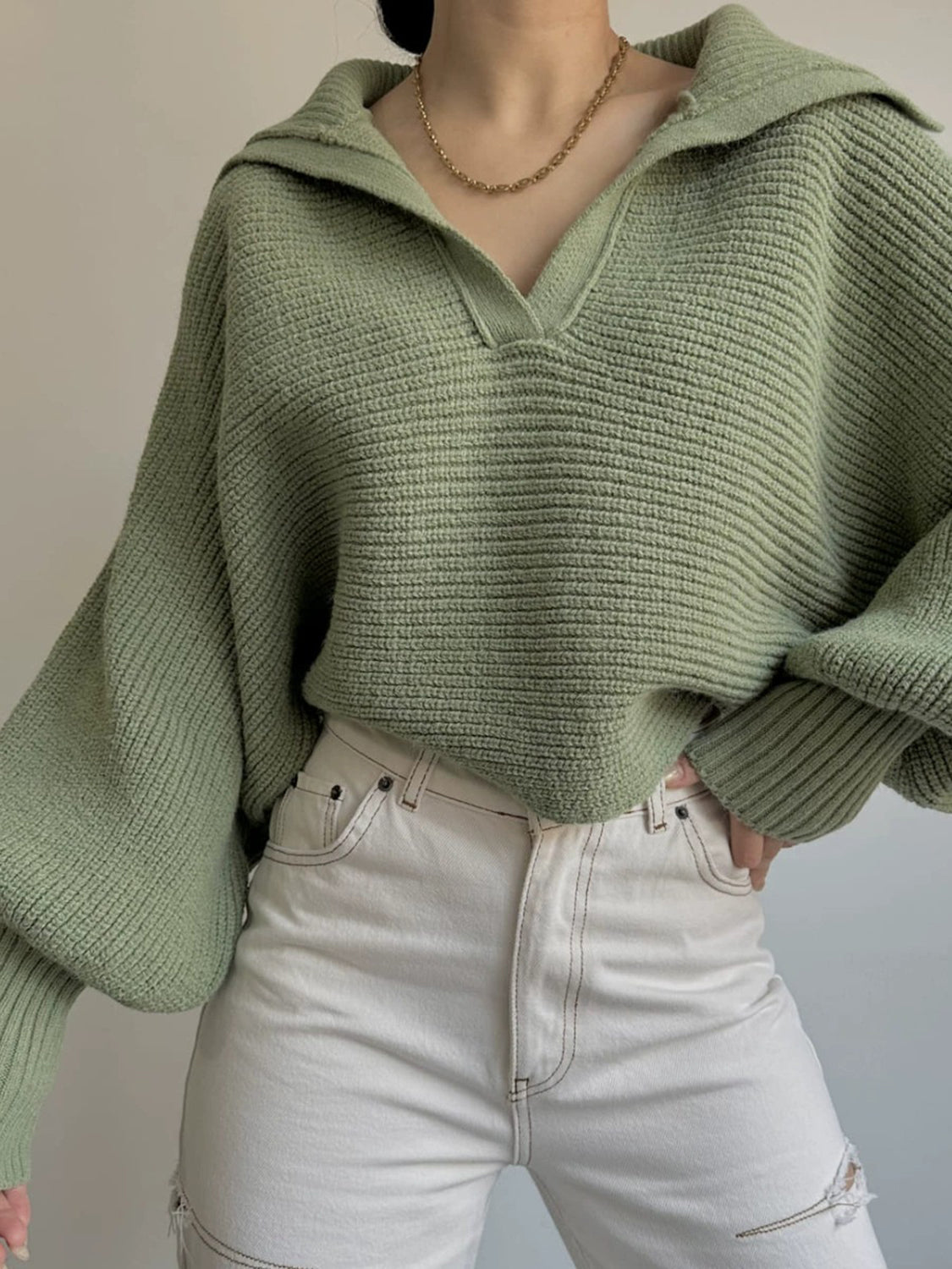 Jane | Ribbed Polo Sweater with Split Collar and Wide Cuffs for Women