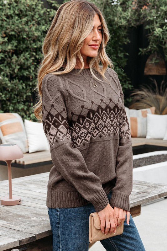 Alana | Crew Neck Knit Sweater with Patterned Yoke for Women