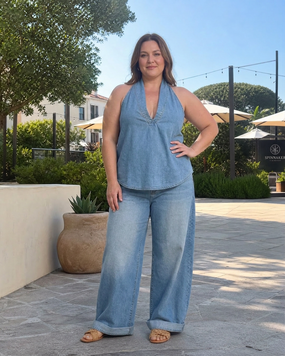 Opaline | Halter Neck Denim Top And Wide Leg Pants Set