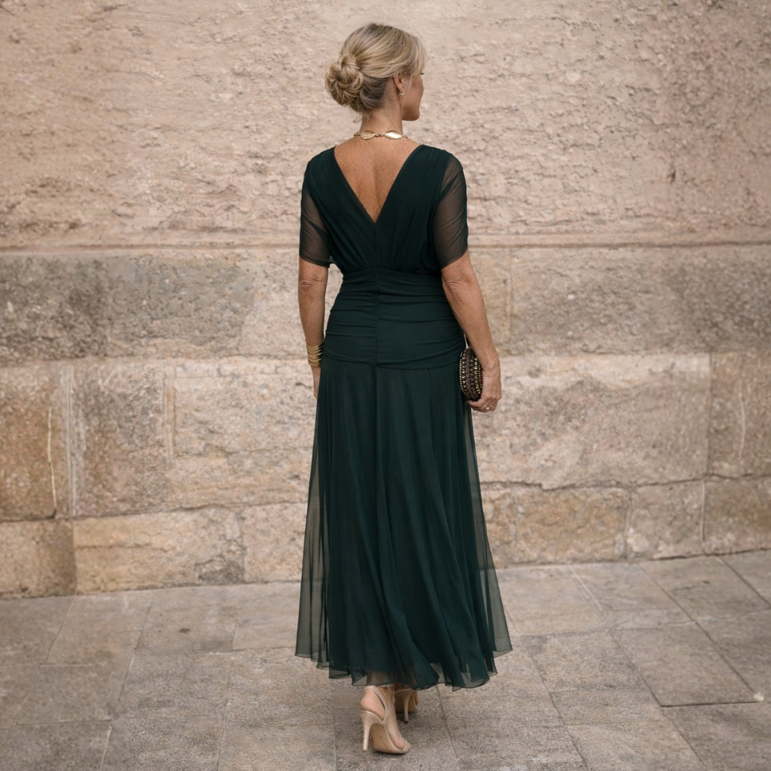 Women's Gathered V-Neck Midi Dress with Flutter Sleeves