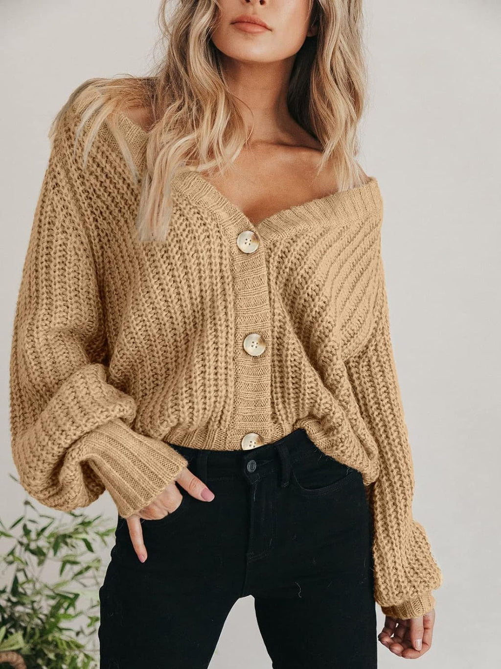 Cassandra | Chunky Knit Cardigan with Deep V Neck and Buttons for Women