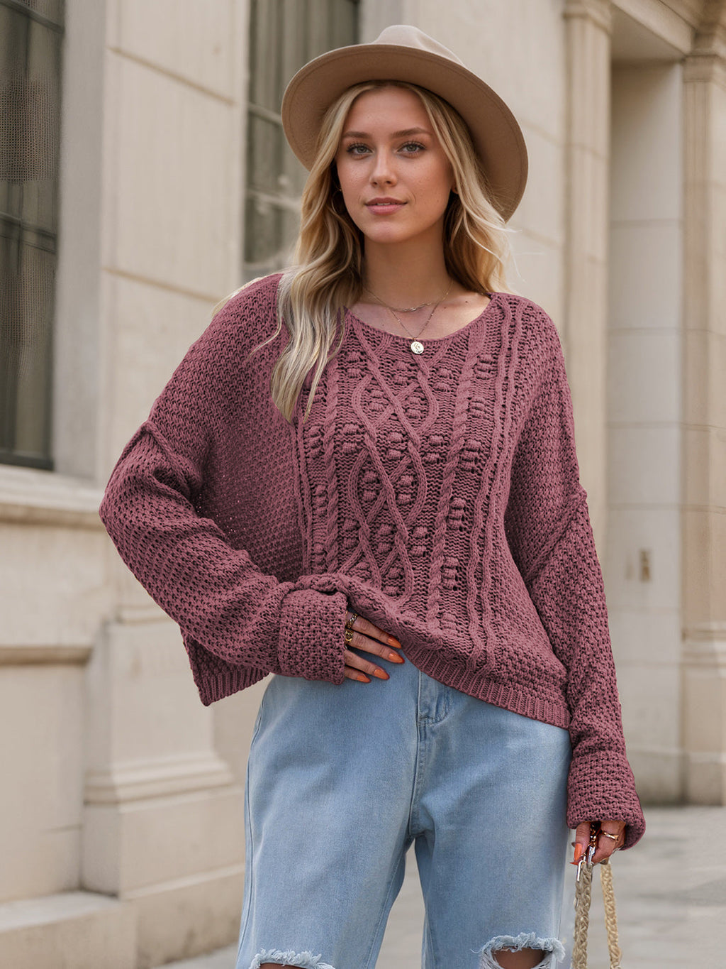 Eloise | Cable Waffle Knit Sweater with Scoop Crew Neck for Women