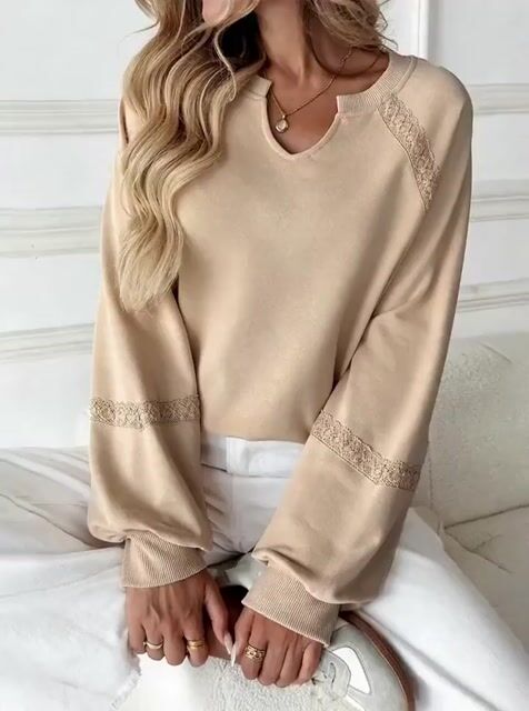 Winifred | Knit Sweatshirt with Lace Trim and Balloon Sleeves for Women