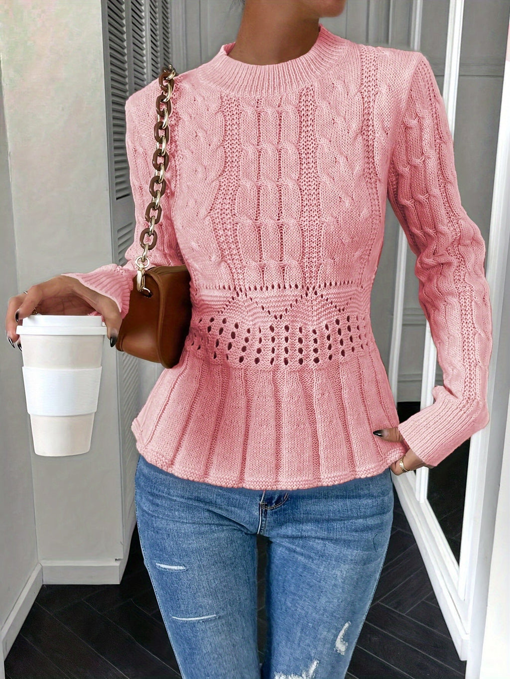Manon Cable Knit Pointelle Peplum Sweater - view 10