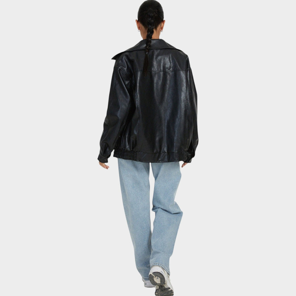 Women's Leather Jacket Bomber Oversized Zip-Up
