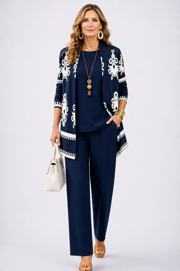 Iris | Three-Piece Cardigan, Top and Printed Trouser Set