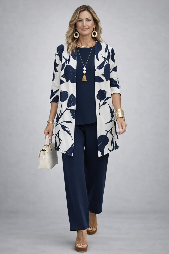 Iris | Three-Piece Cardigan, Top and Printed Trouser Set