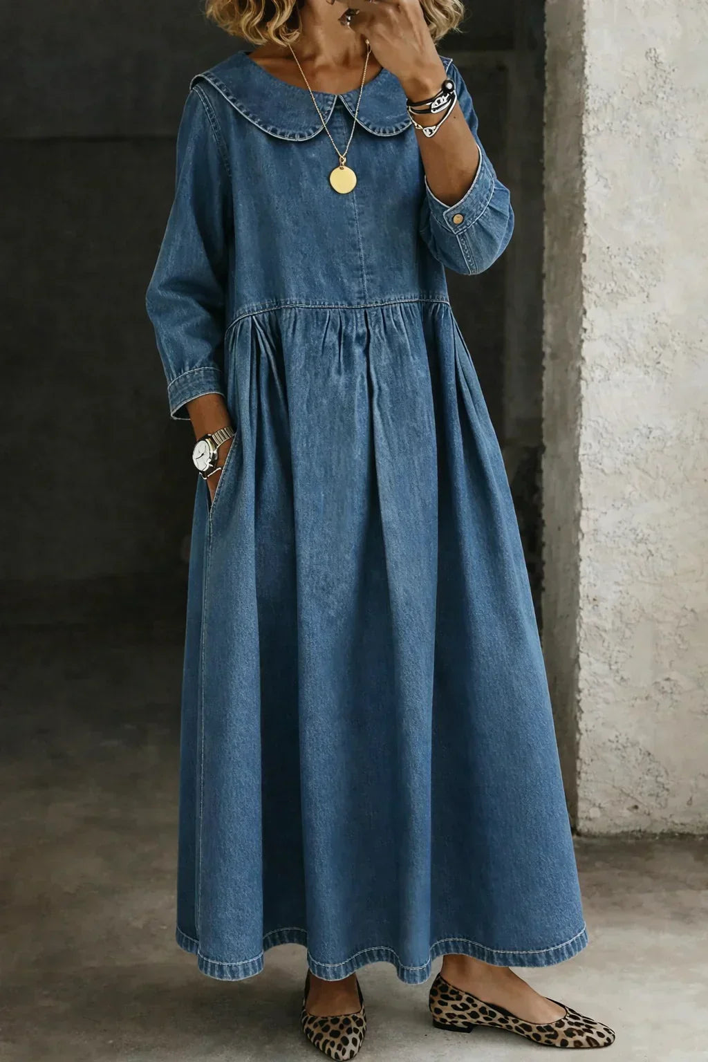Zora | Round Neck Long Sleeve Denim Dress