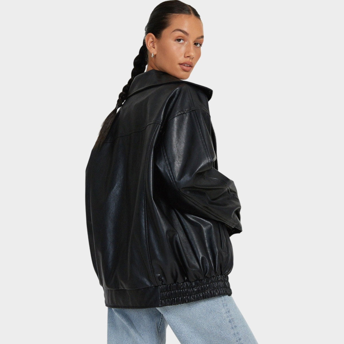 Women's Leather Jacket Bomber Oversized Zip-Up