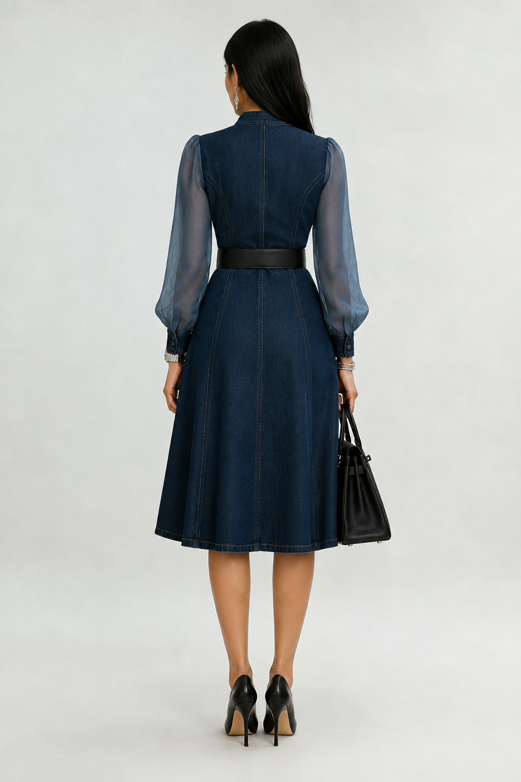 Etta Blue Denim Wrap Midi Dress with Sheer Sleeves & Belt