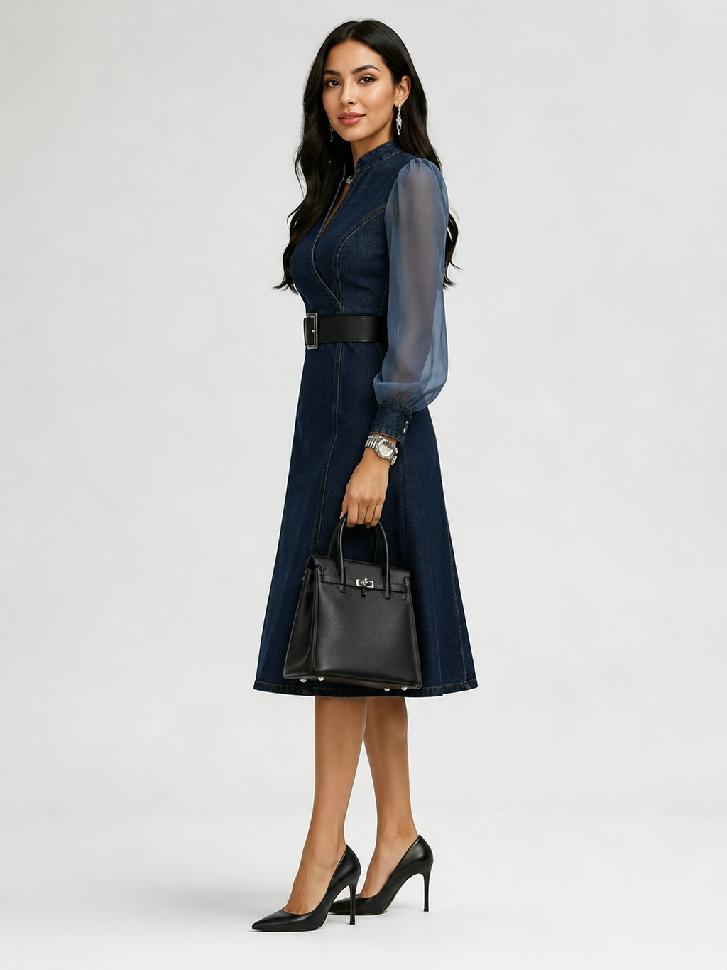 Etta Blue Denim Wrap Midi Dress with Sheer Sleeves & Belt
