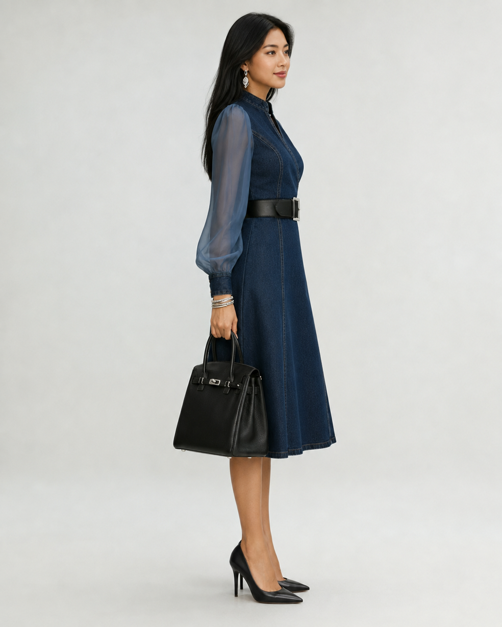 Etta Blue Denim Wrap Midi Dress with Sheer Sleeves & Belt