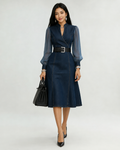 Etta Blue Denim Wrap Midi Dress with Sheer Sleeves & Belt