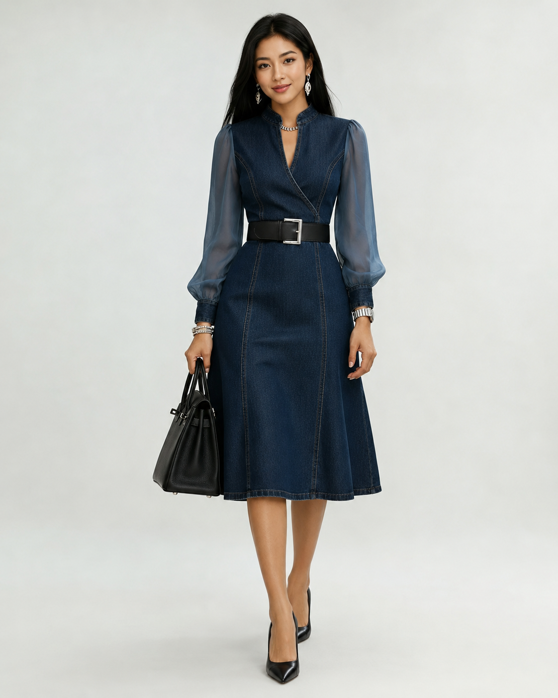 Etta Blue Denim Wrap Midi Dress with Sheer Sleeves & Belt