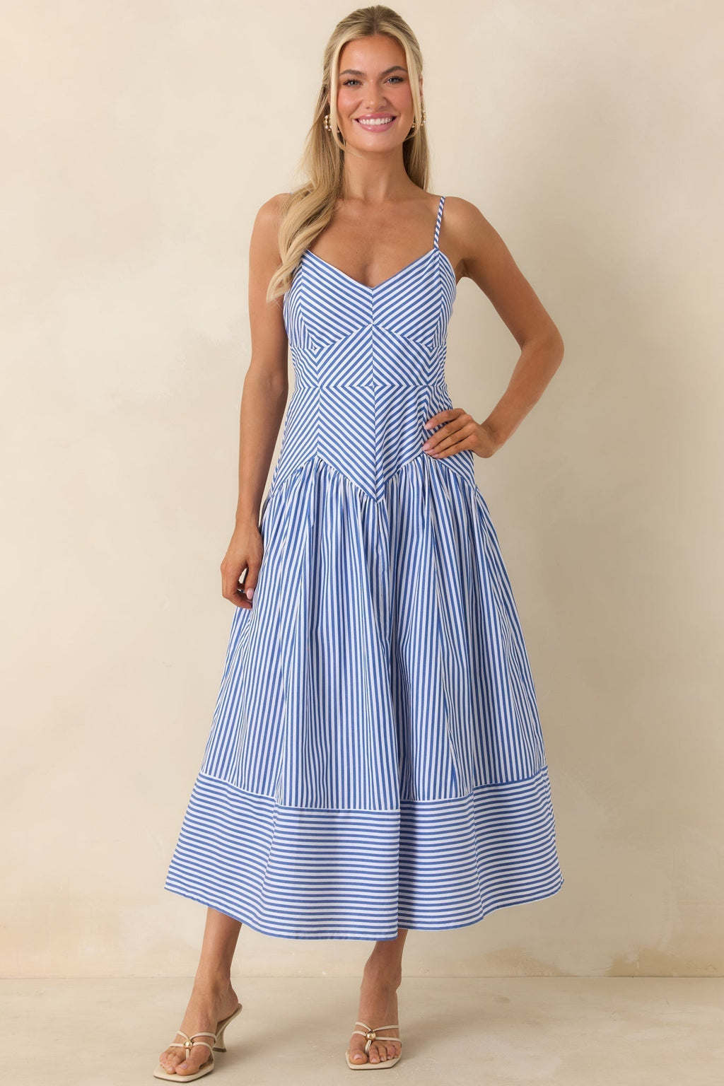 Delphine Chevron Bodice Striped Midi Dress - front view