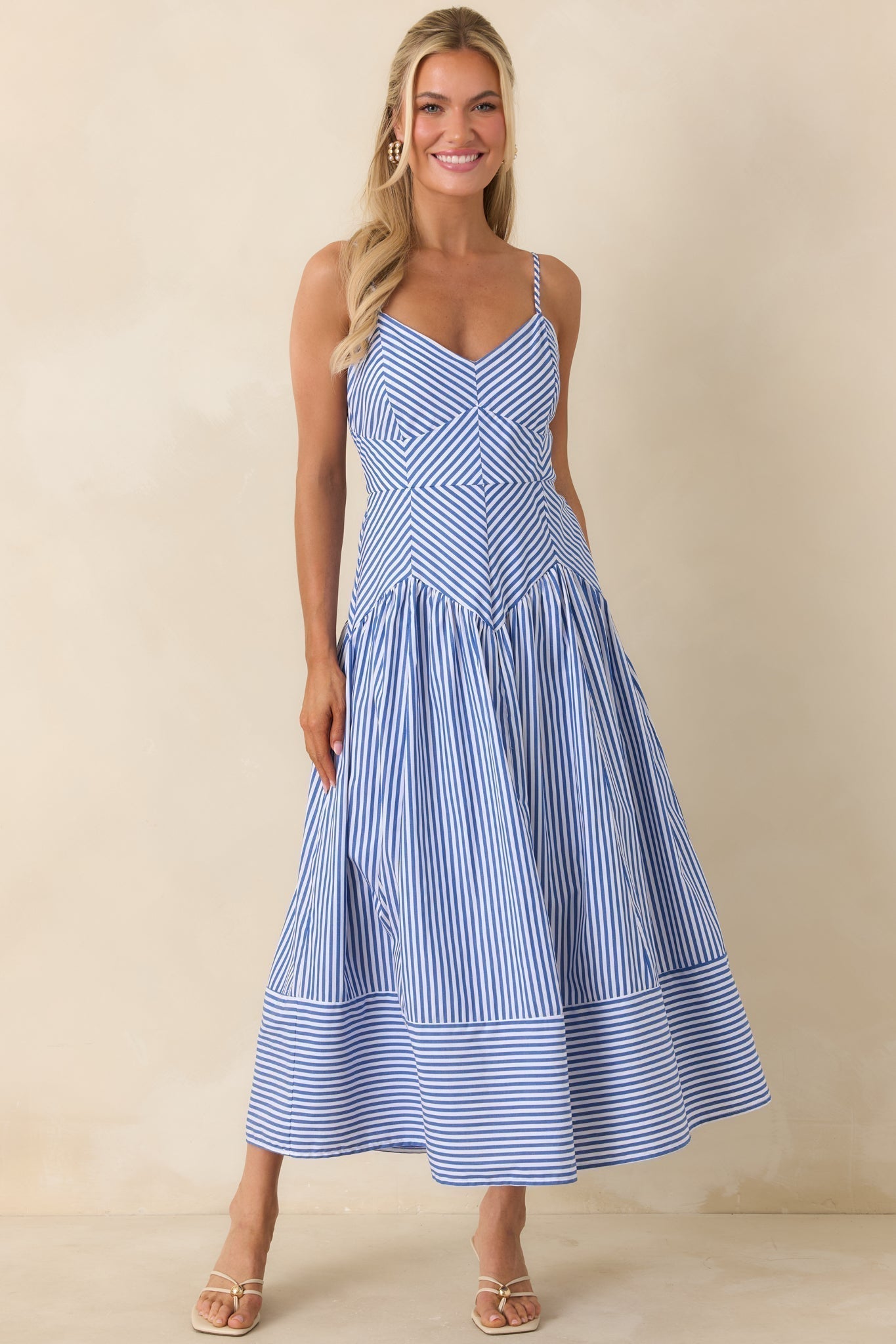 Delphine Chevron Bodice Striped Midi Dress - view 6