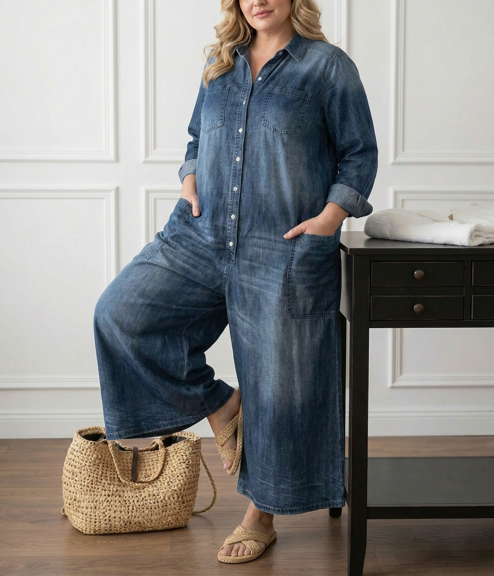 Pearl | Vintage Washed Soft Cotton Denim Jumpsuit with Button Closure