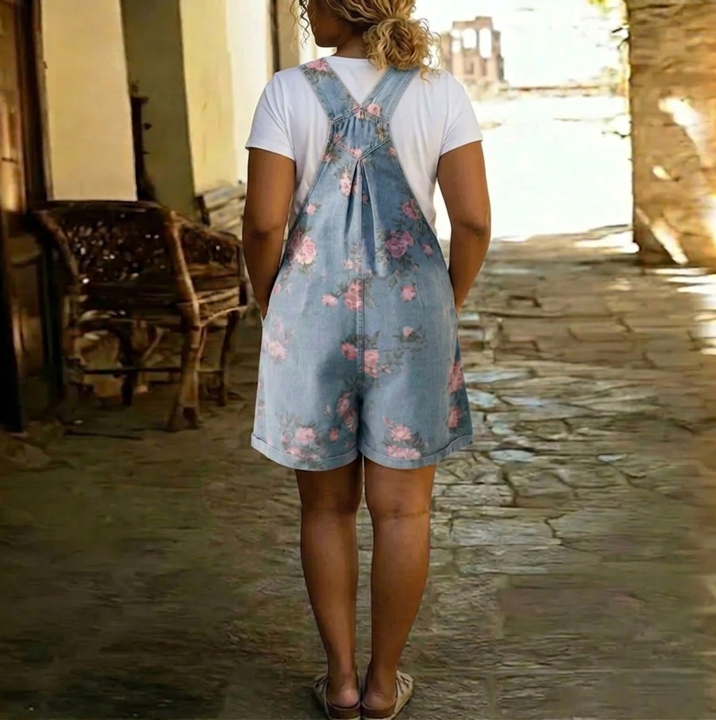 Solene | Vintage Washed Soft Cotton Feel Denim Floral Jumpsuit