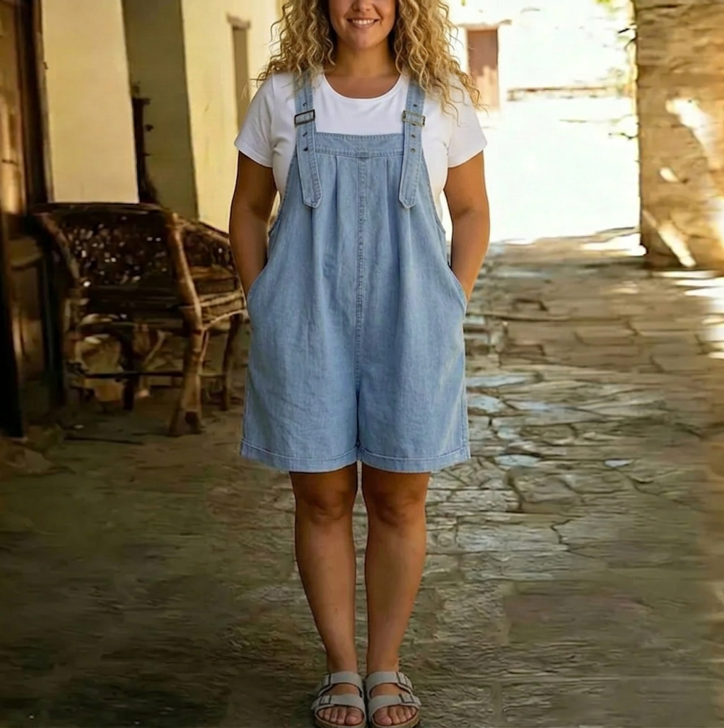 Romaine | Vintage Washed Soft Cotton Feel Denim Short Overall Light blue