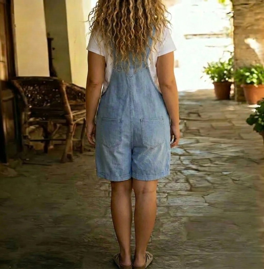 Romaine | Vintage Washed Soft Cotton Feel Denim Short Overall Light blue