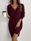 Women's Knitted Button-Front Dress with V-Neck