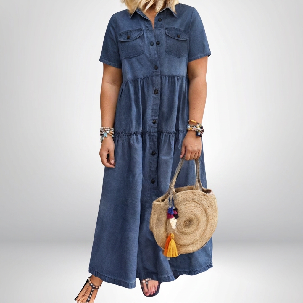 Leontine | Women's Denim Tiered Shirt Maxi Dress