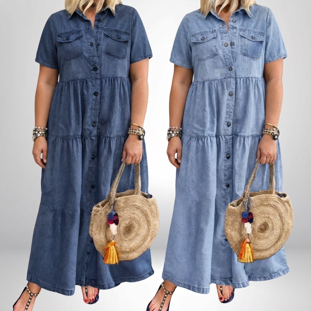 Leontine | Women's Denim Tiered Shirt Maxi Dress