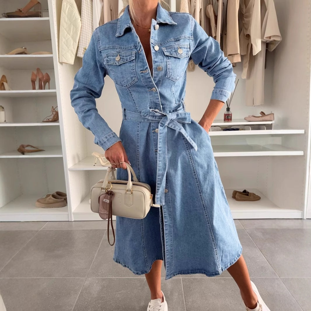 Women's Denim Shirt Dress with Tie Belt
