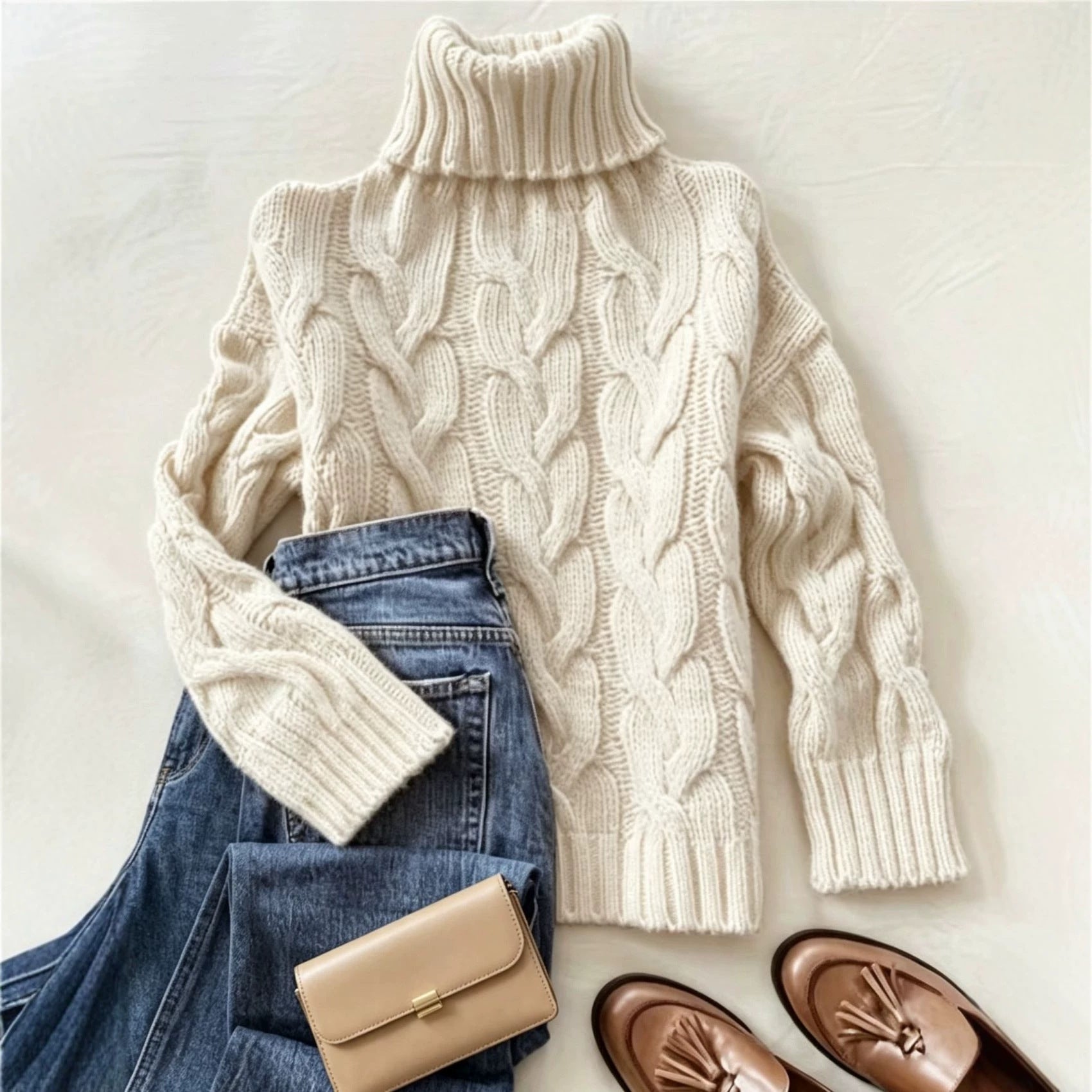Nell Cable Knit Chunky Knit Turtleneck Sweater - front view